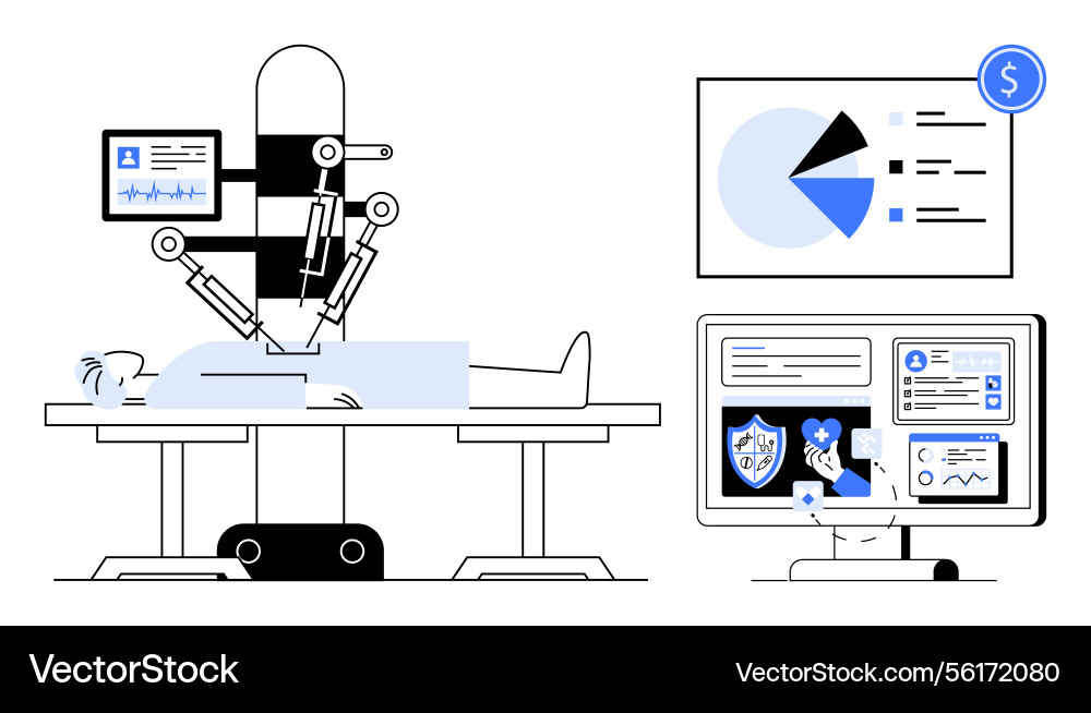 Robotic surgery system operating on patient linked Robotic surgery system operating on patient linked vector image