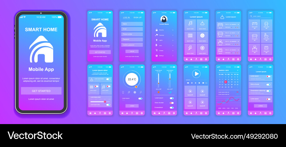 Smart home mobile app interface screens template Smart home mobile app interface screens template vector image