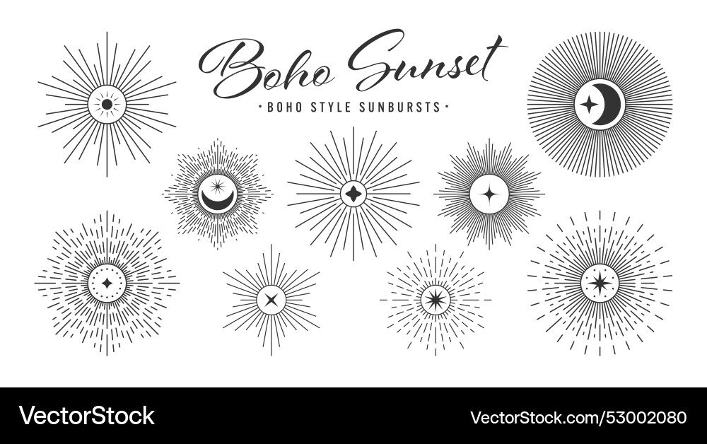 Vintage Sonnenburst Sonnenuntergang Balken Sammlung Boho Vintage Sonnenburst Sonnenuntergang Balken Sammlung Boho vektorbild