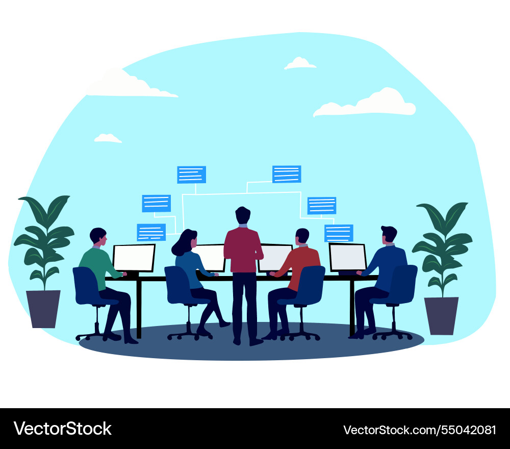 A team working on cloud computing A team working on cloud computing Vector Image