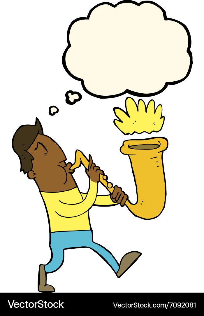 Cartoon man blowing saxophone with thought bubble Vector Image