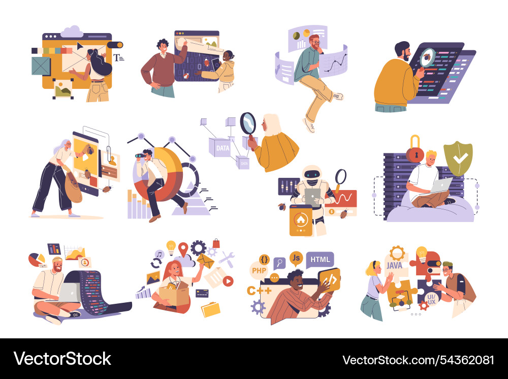 People cartoon characters testing computer People cartoon characters testing computer vector image