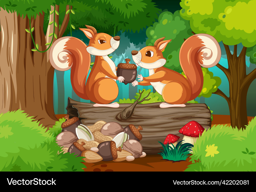 Scene with squirrels in forest Scene with squirrels in forest Vector Image