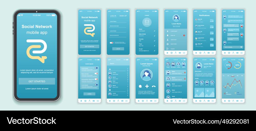 Social network mobile app interface screens vector image