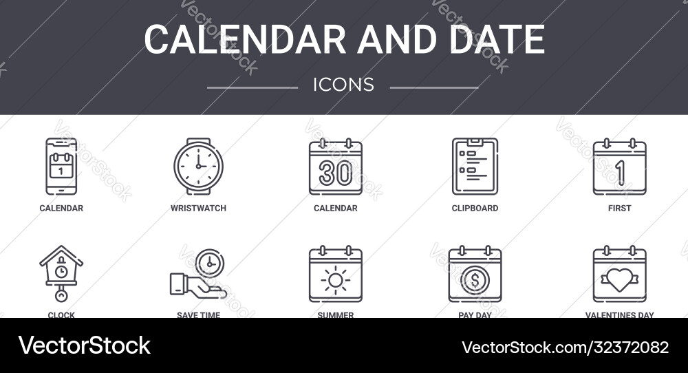 Calendar and date concept line icons set contains Calendar and date concept line icons set contains vector image