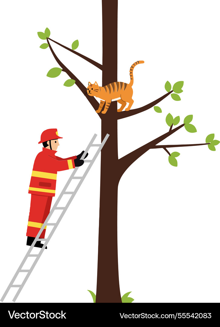 Firefighter rescuing a cat from tree in flat art Firefighter rescuing a cat from tree in flat art Vector Image