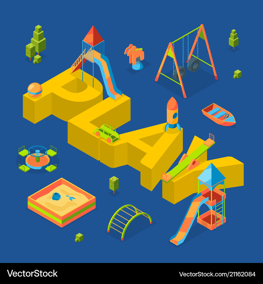 Isometric playground objects around word Isometric playground objects around word vector image