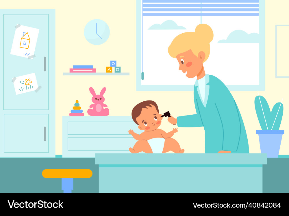 Kid pediatrician examination nurse examines baby Kid pediatrician examination nurse examines baby vector image