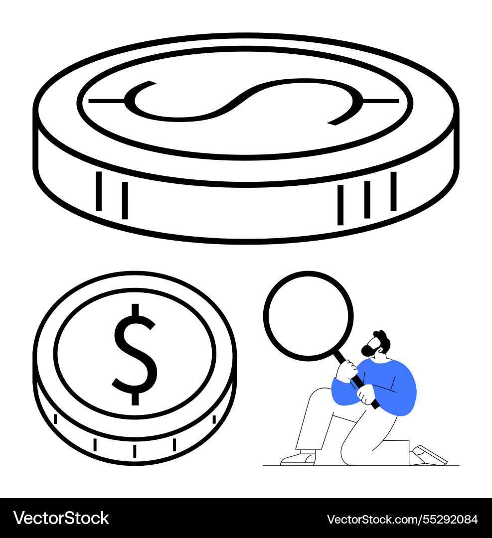 Person examining a large coin with magnifying Vector Image