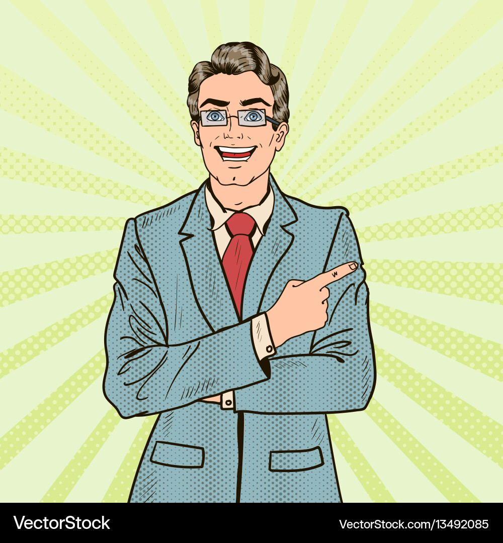 Pop art smiling businessman pointing copy space Pop art smiling businessman pointing copy space vector image