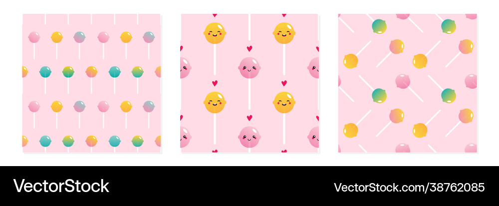 Set lollipop character and sugar candy patterns vector image