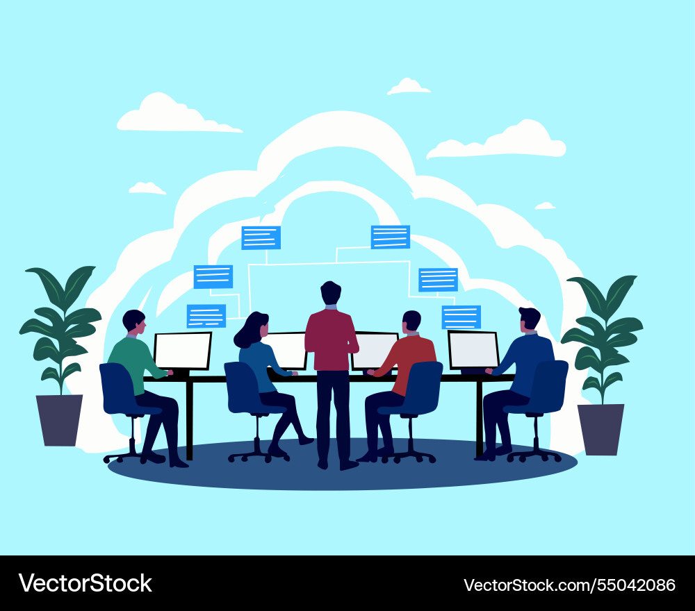 Team working on cloud computing Vector Image