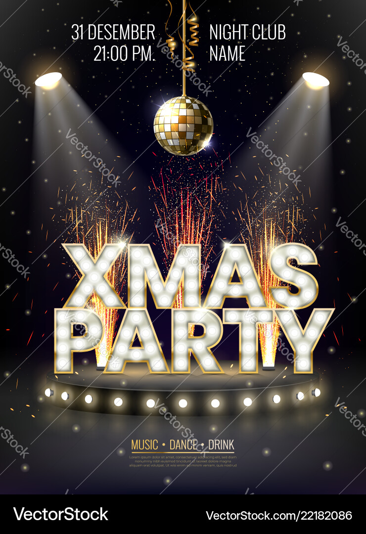 Xmas party glowing letters with light bulbs Xmas party glowing letters with light bulbs vector image