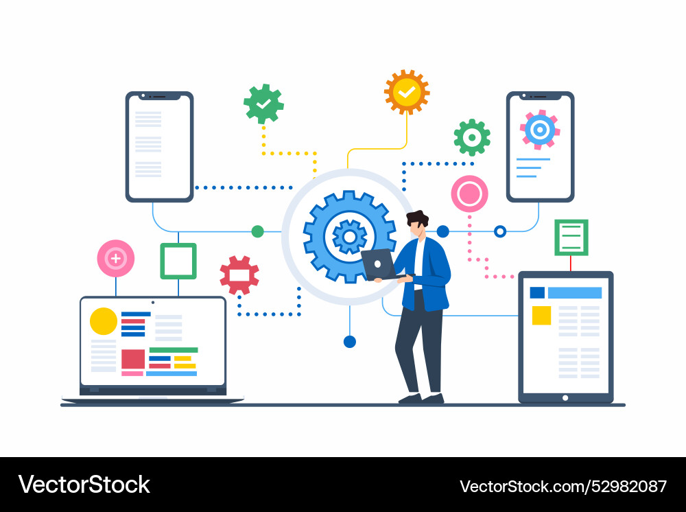 Flat of developer integrating apis for seamless Flat of developer integrating apis for seamless vector image