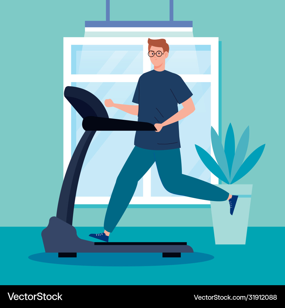 Exercise at home man running on treadmill using Exercise at home man running on treadmill using Vector Image