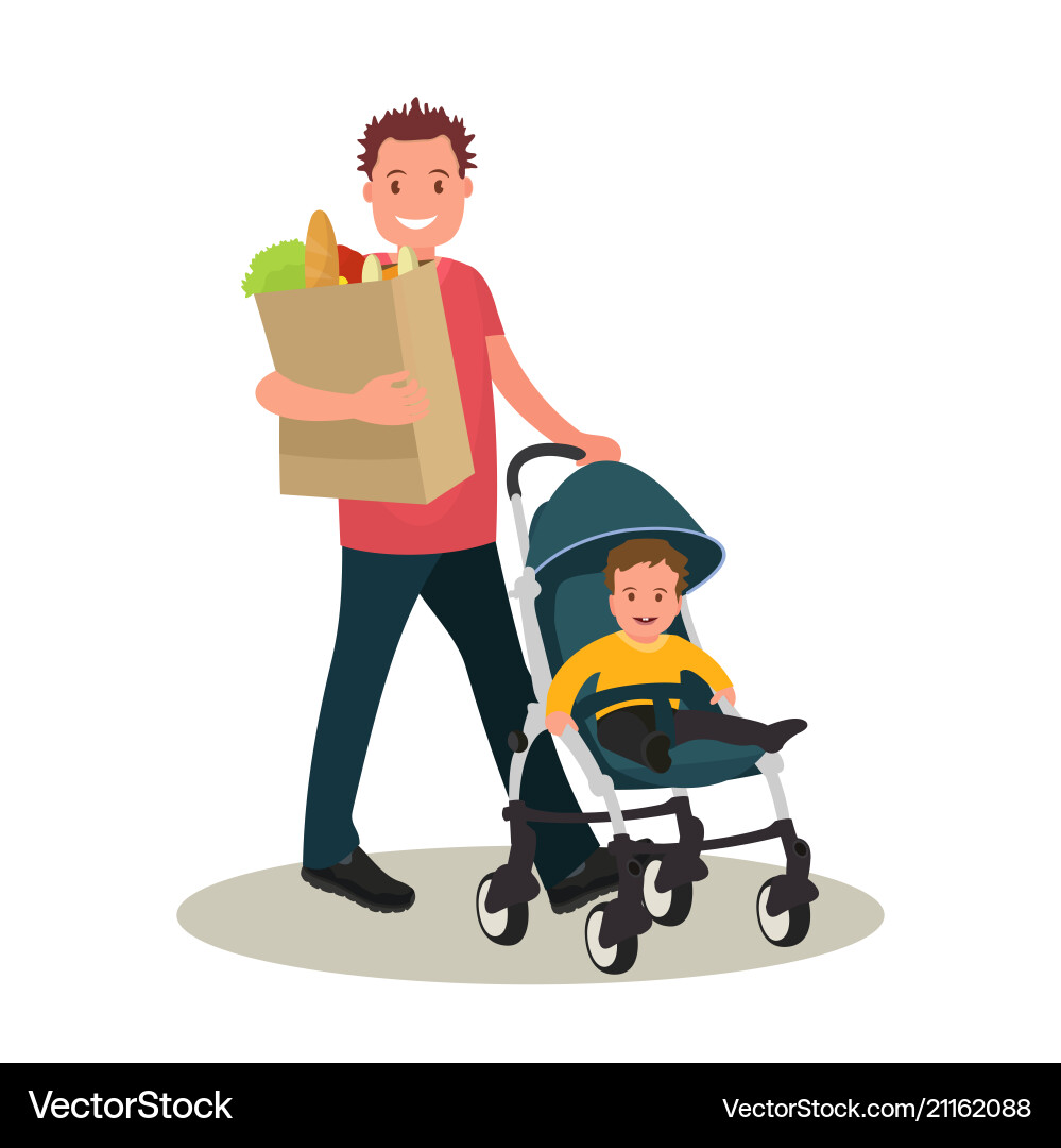 Father with food bag and baby in a stroller Father with food bag and baby in a stroller vector image