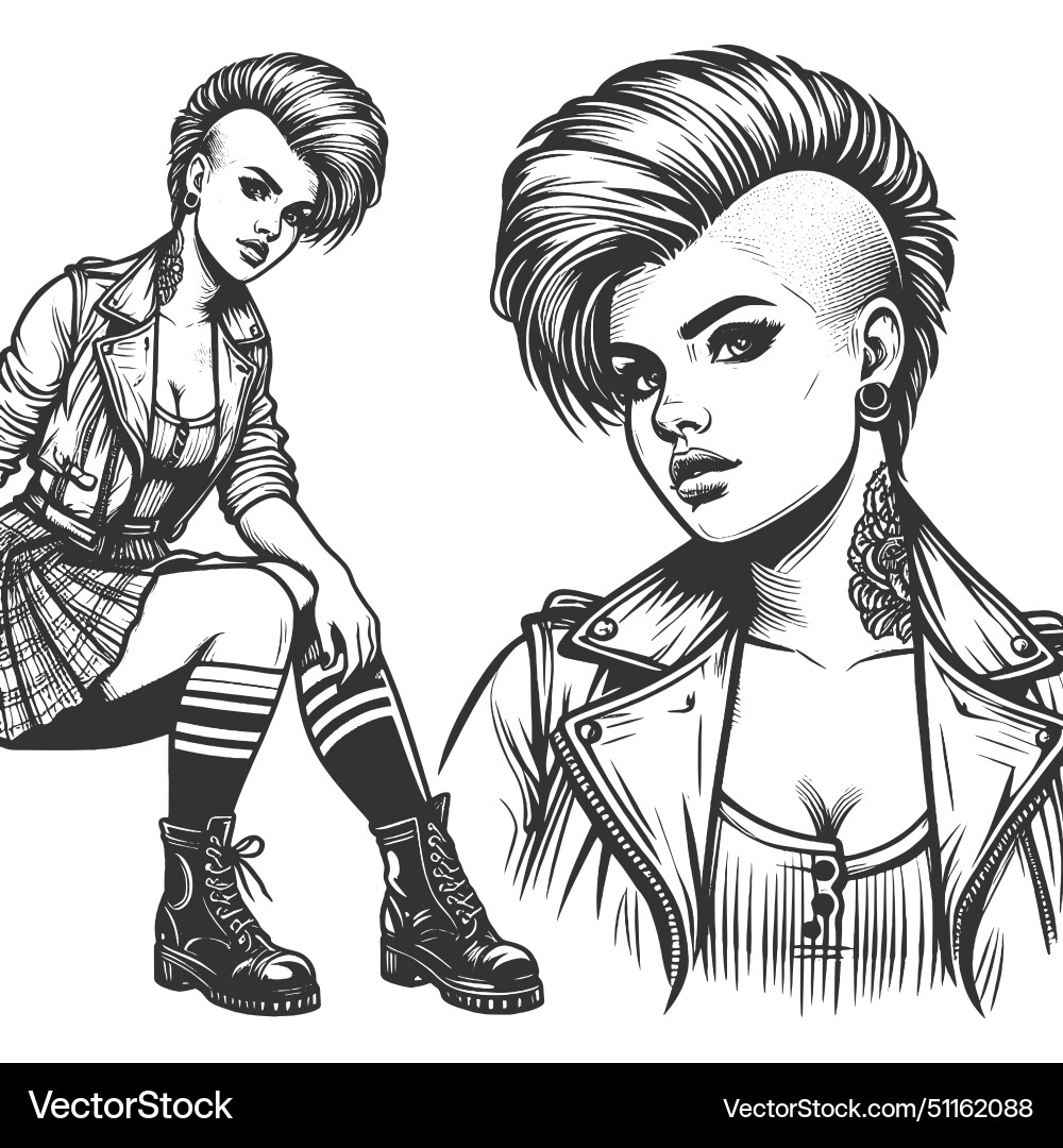 Punk girl leather jacket engraving sketch Vector Image