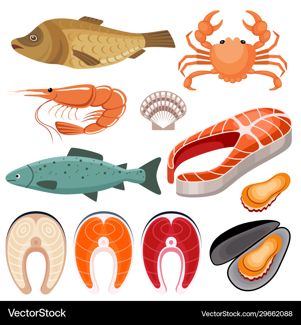 Seafood fish shrimp mussels and crab Royalty Free Vector