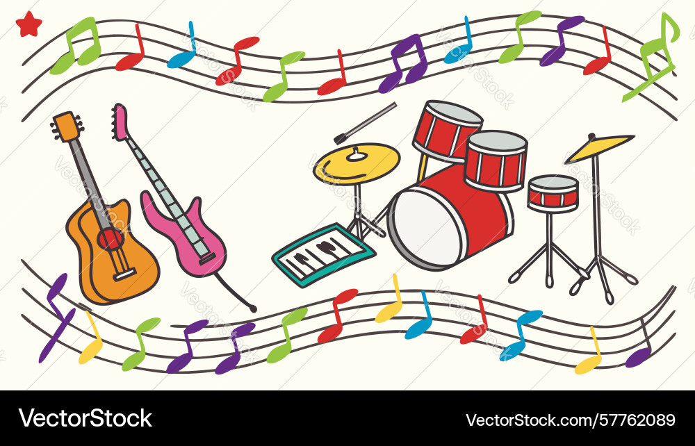 Music instruments ensemble with notes melodic Vector Image