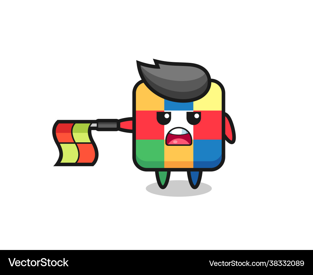 Rubik cube character as line judge hold flag Rubik cube character as line judge hold flag vector image