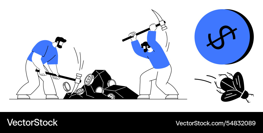 Workers breaking rocks with hammer and pickaxe Workers breaking rocks with hammer and pickaxe vector image