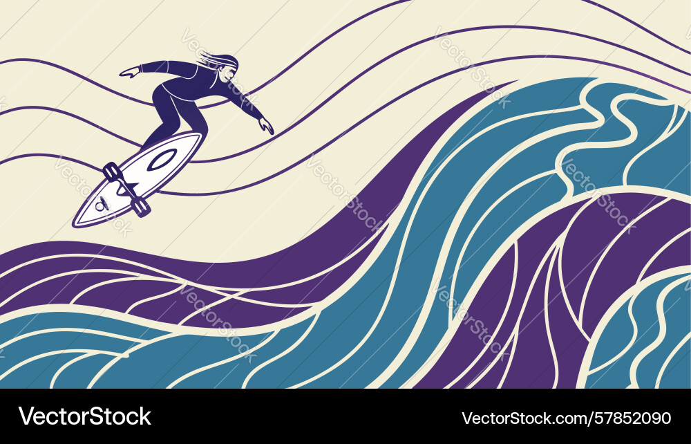 Dynamic surfer on abstract ocean waves design Vector Image