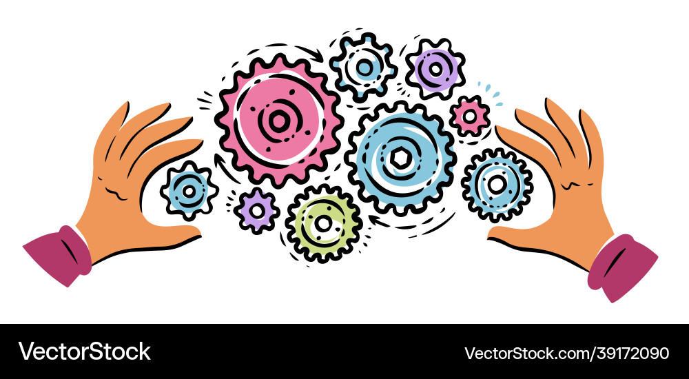Hands turning gears teamwork and integration Hands turning gears teamwork and integration Vector Image