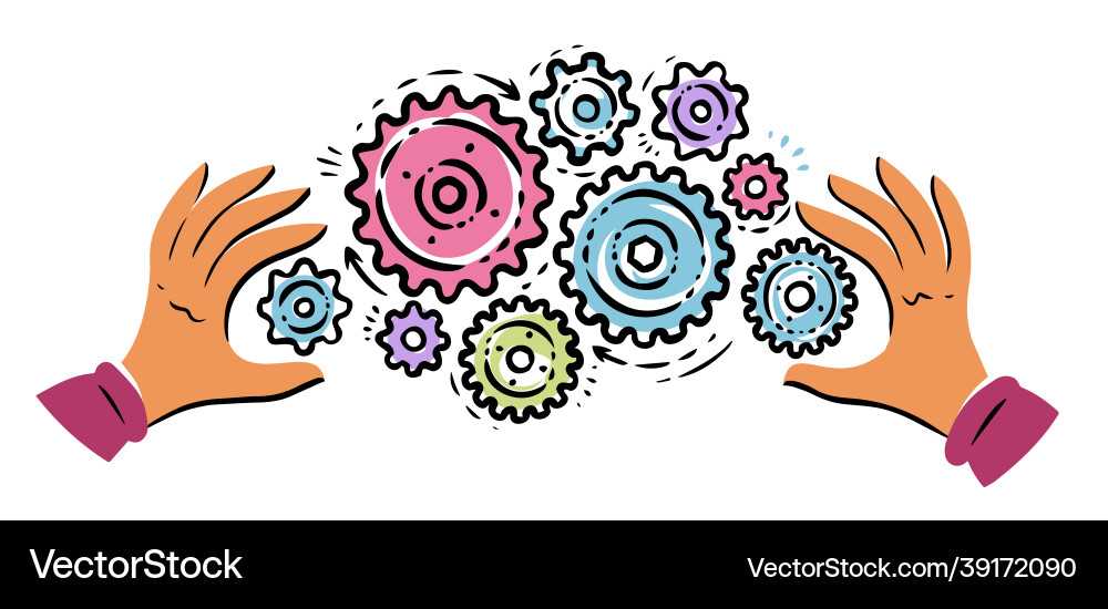 Hands turning gears teamwork and integration vector image