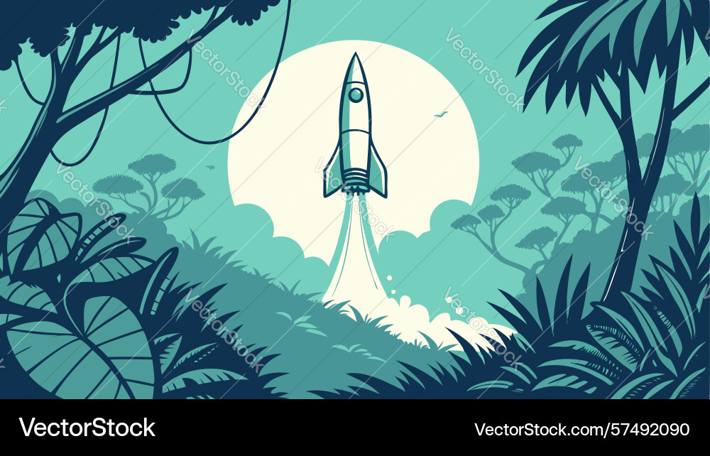 Rocket launch in misty forest mysterious space vector image