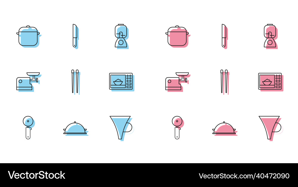 Set line pizza knife covered with tray of food Vector Image