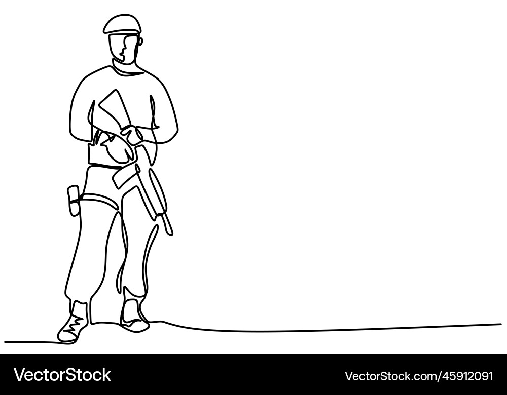 One continuous line drawing of army with uniform Vector Image
