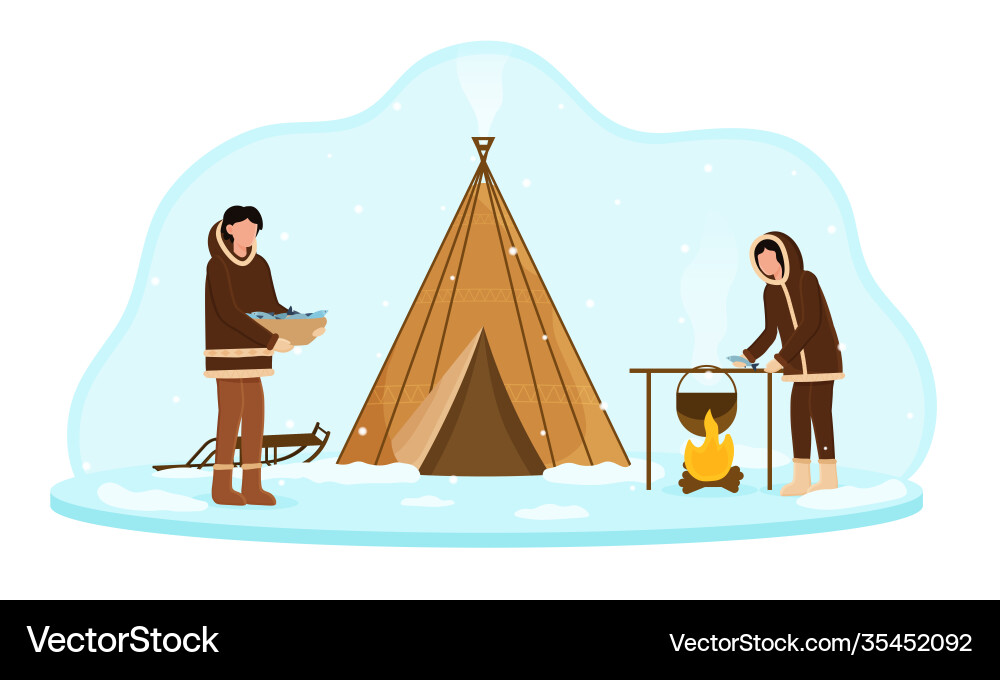 Eskimos wearing traditional clothes cooking food Eskimos wearing traditional clothes cooking food vector image