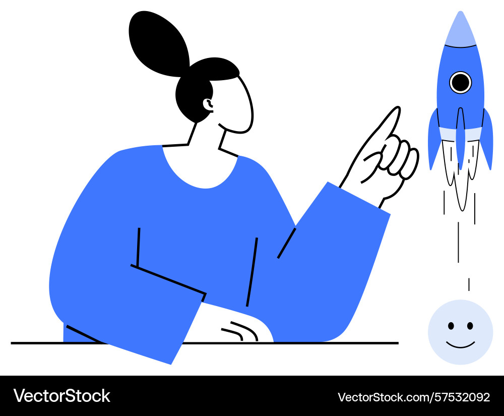 Woman pointing at launching rocket with smile face Vector Image