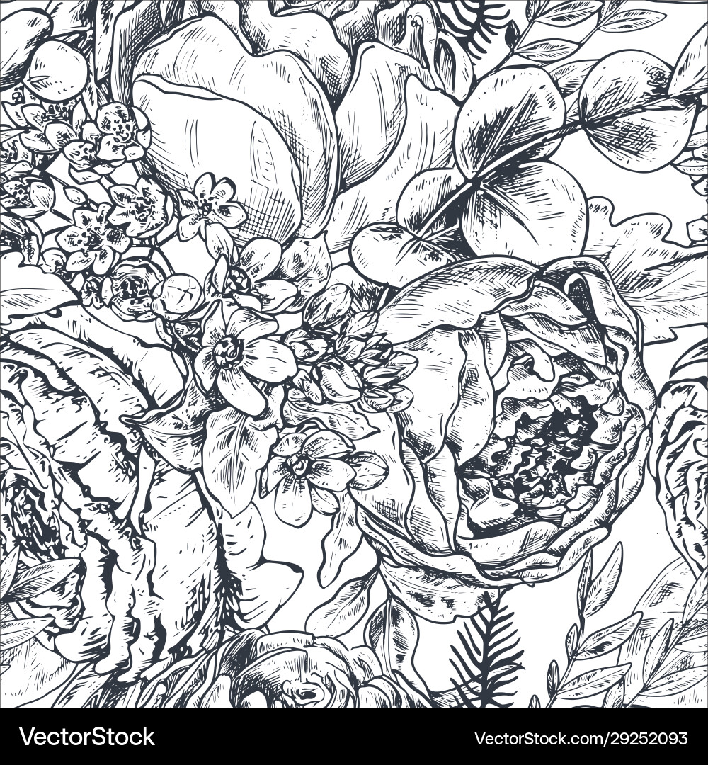 Hand-Drawn Peony Floral Pattern Vector Image