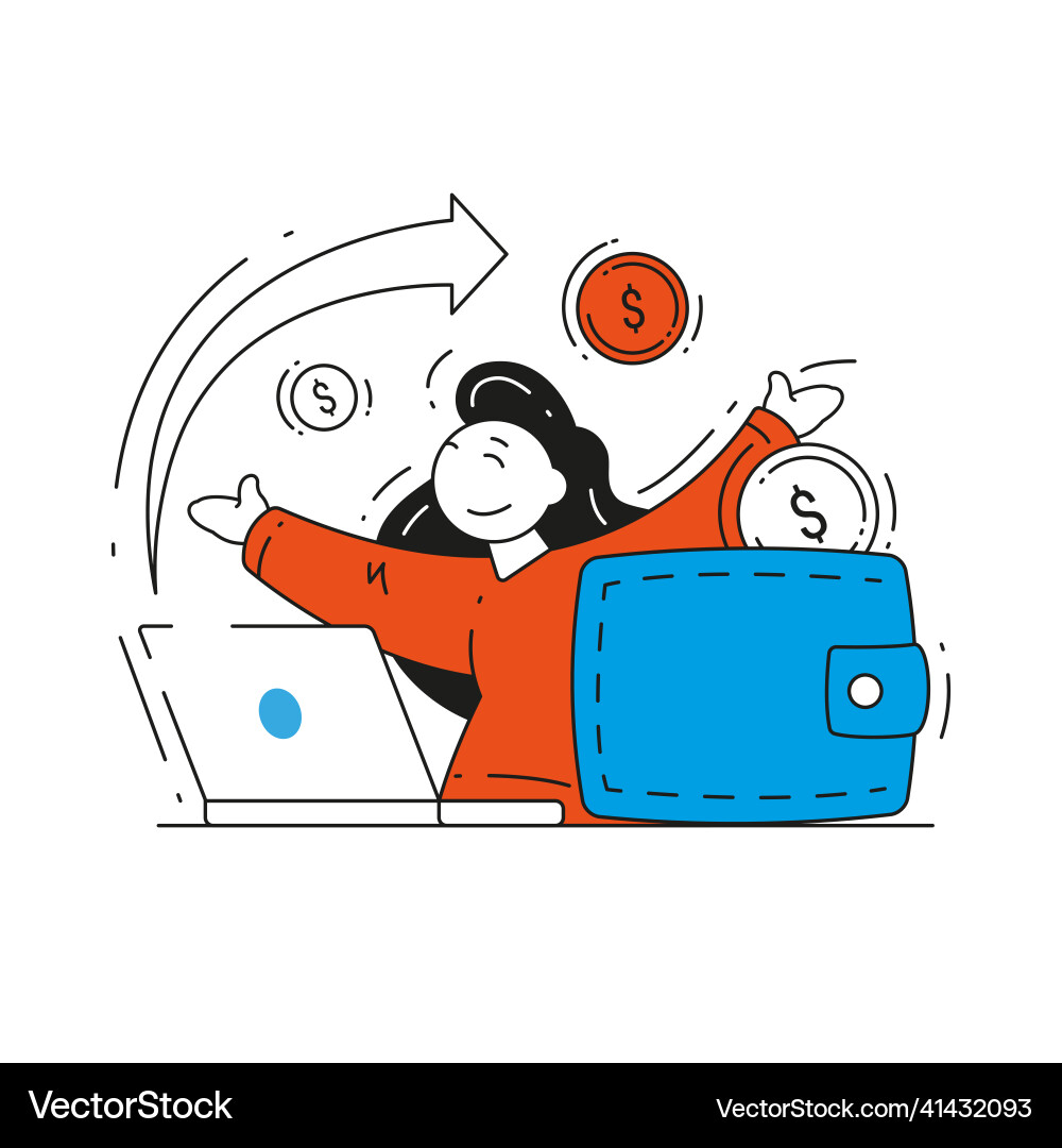 Happy woman working remotely receiving money via Happy woman working remotely receiving money via vector image
