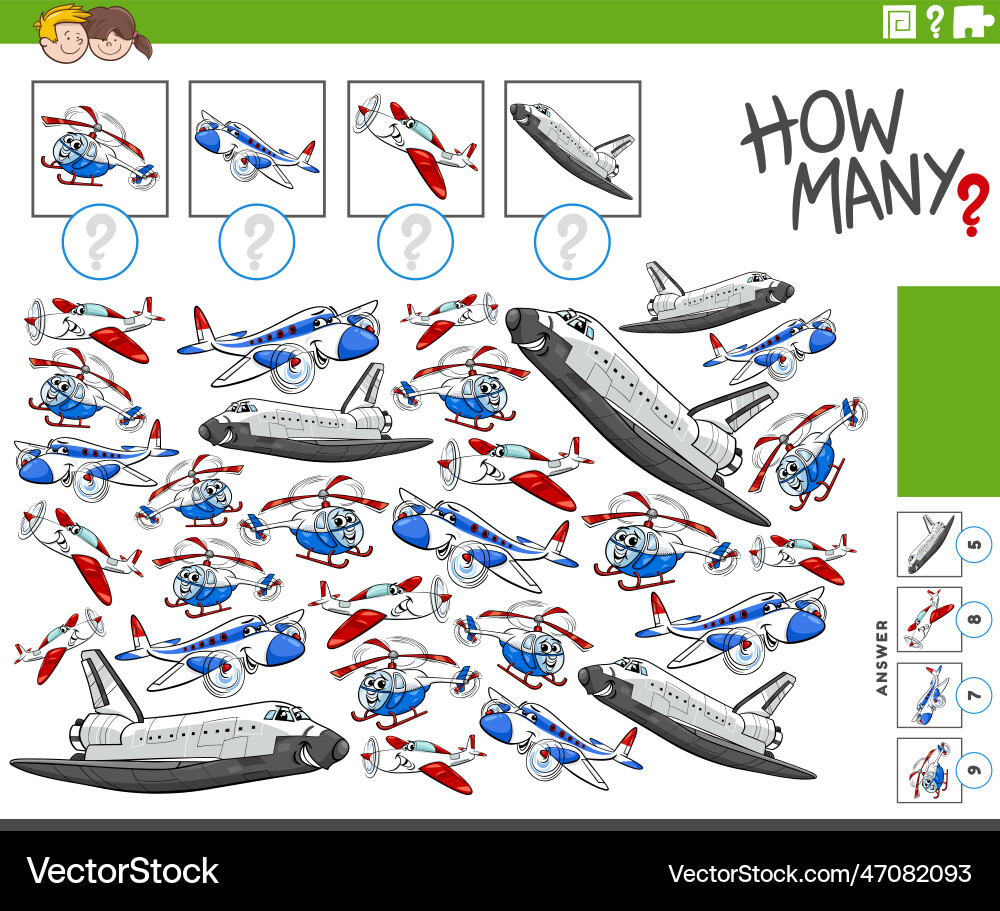 How many cartoon flying machines counting game How many cartoon flying machines counting game vector image
