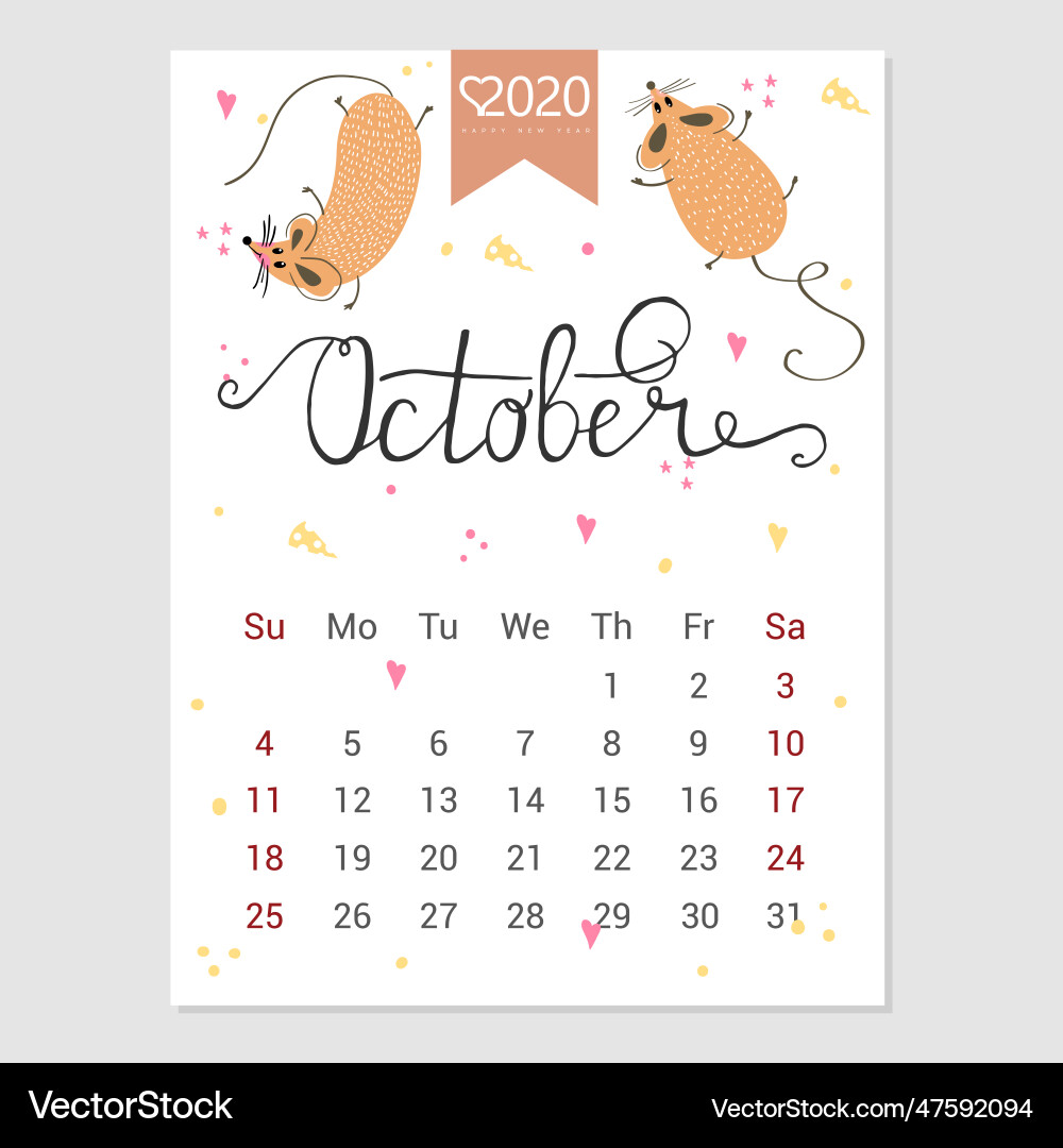 Calendar october 2020 cute monthly Calendar october 2020 cute monthly vector image