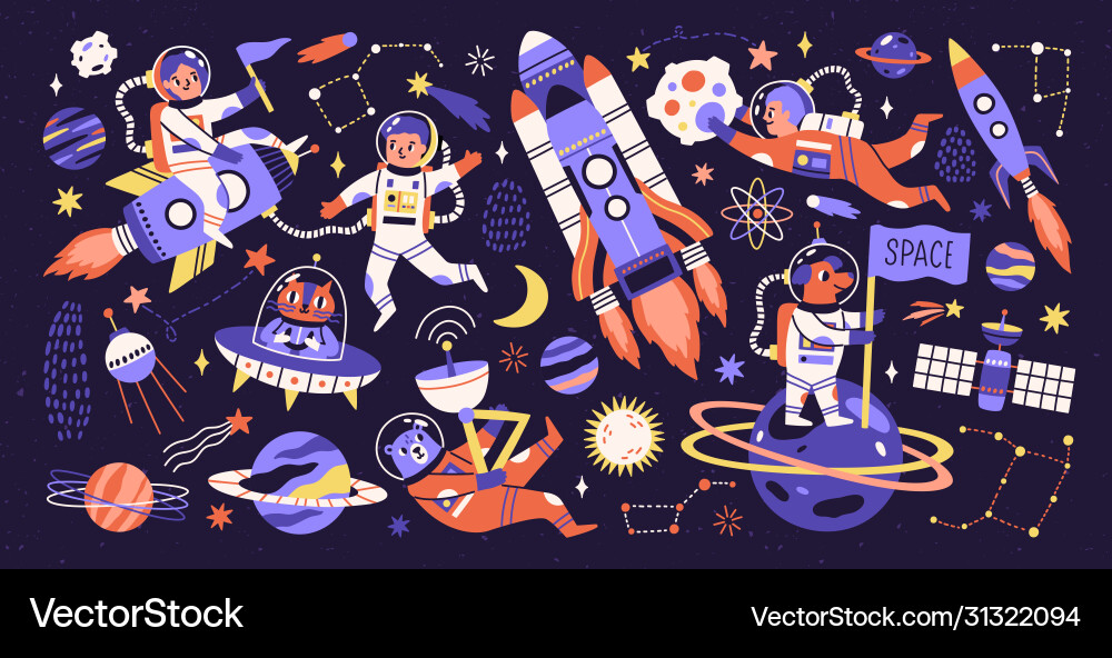 Colorful Astronauts and Space Objects vector image