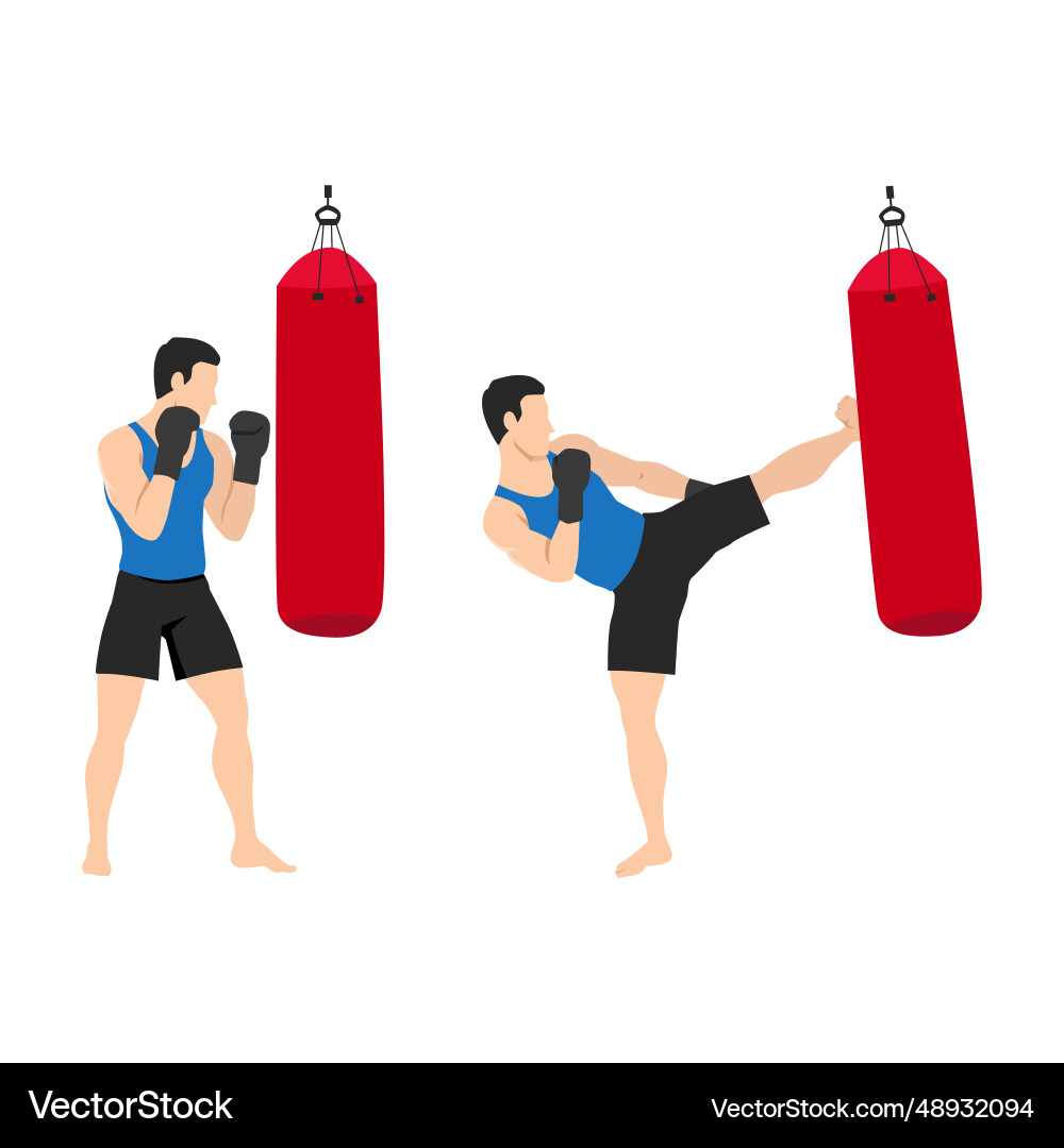 Man doing hook kick exercise on sandbag Vector Image