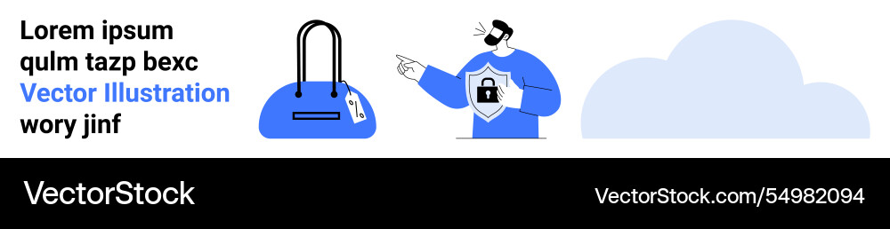 Man with secure lock symbol pointing to handbag Man with secure lock symbol pointing to handbag vector image