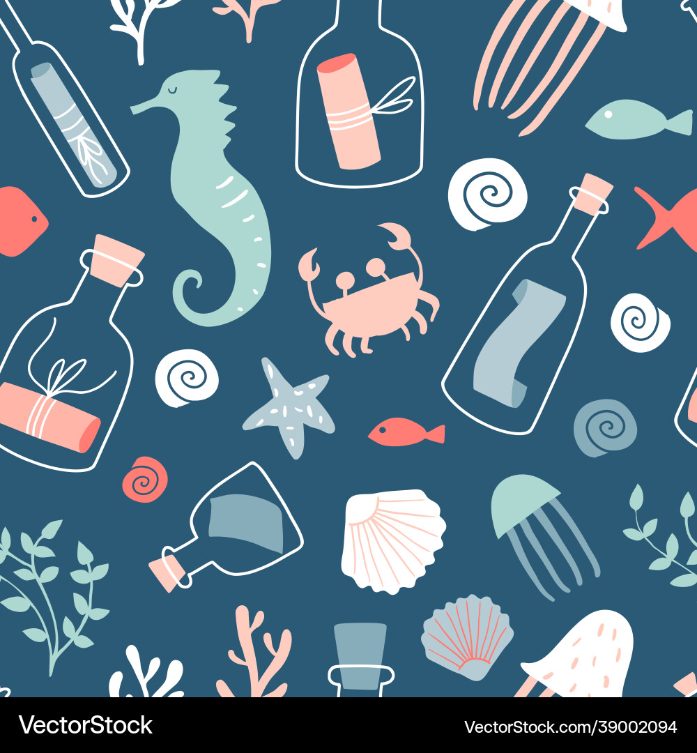 Nautical seamless pattern with message in a bottle Nautical seamless pattern with message in a bottle vector image