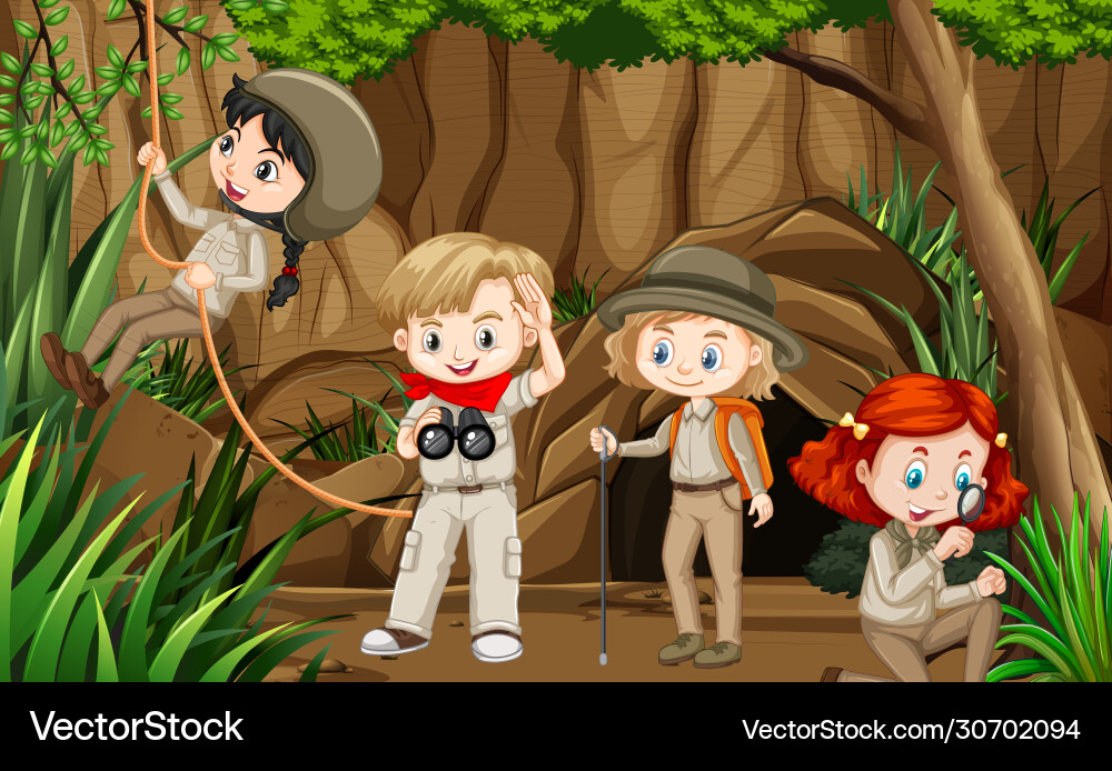Scene with group scouts exploring cave Scene with group scouts exploring cave vector image