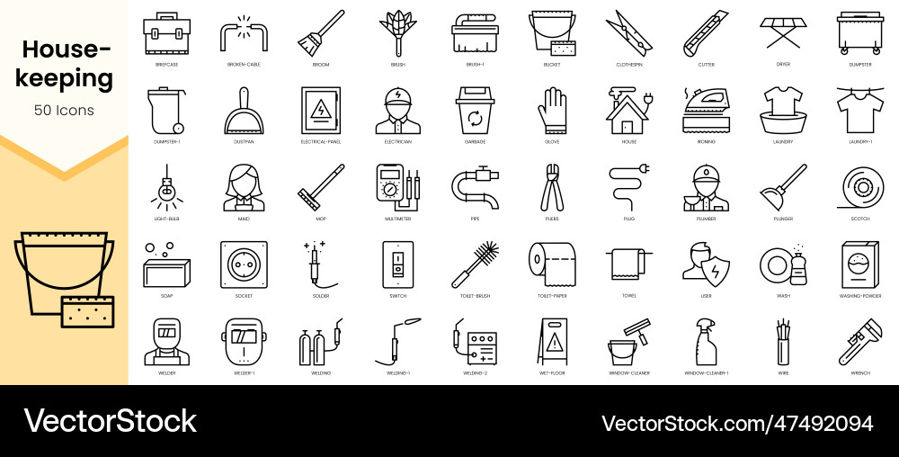 Simple outline set ofhousekeeping icons linear Simple outline set ofhousekeeping icons linear Vector Image