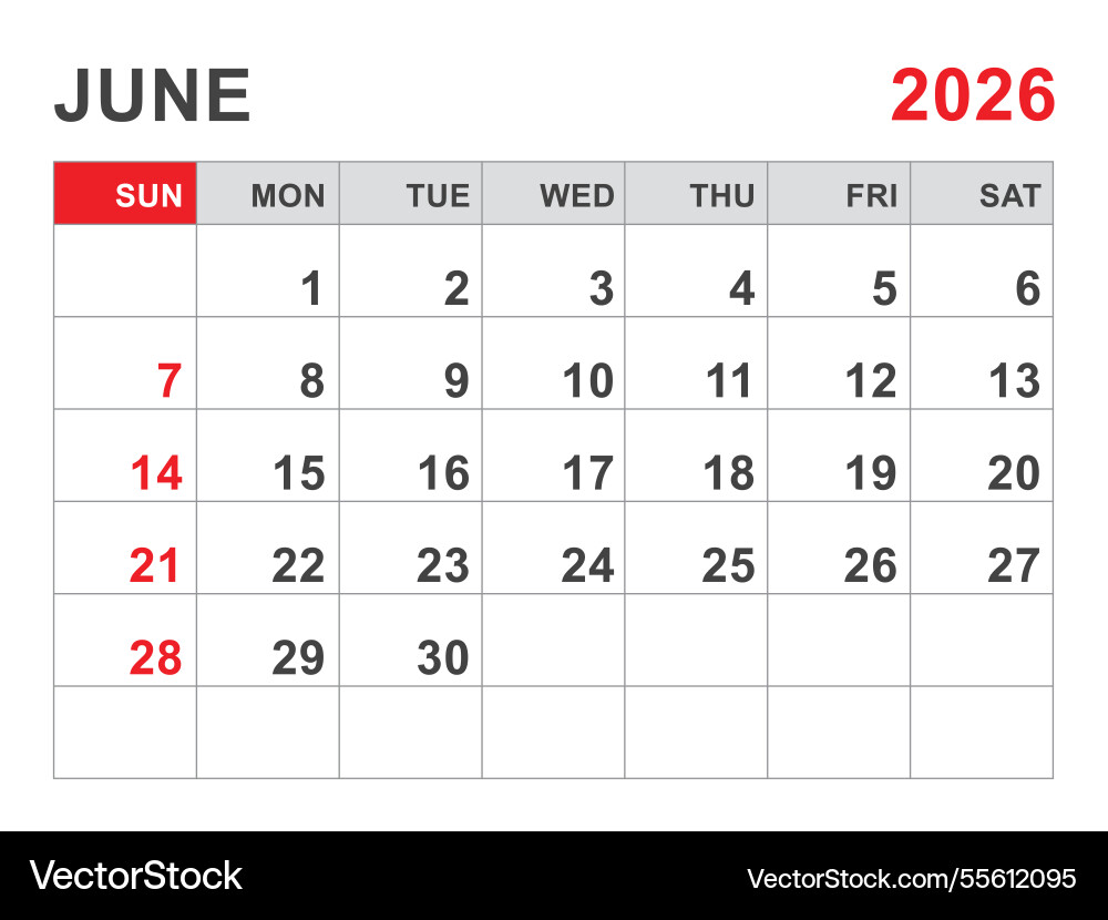 Calendar 2026 template june layout Royalty Free Vector Image