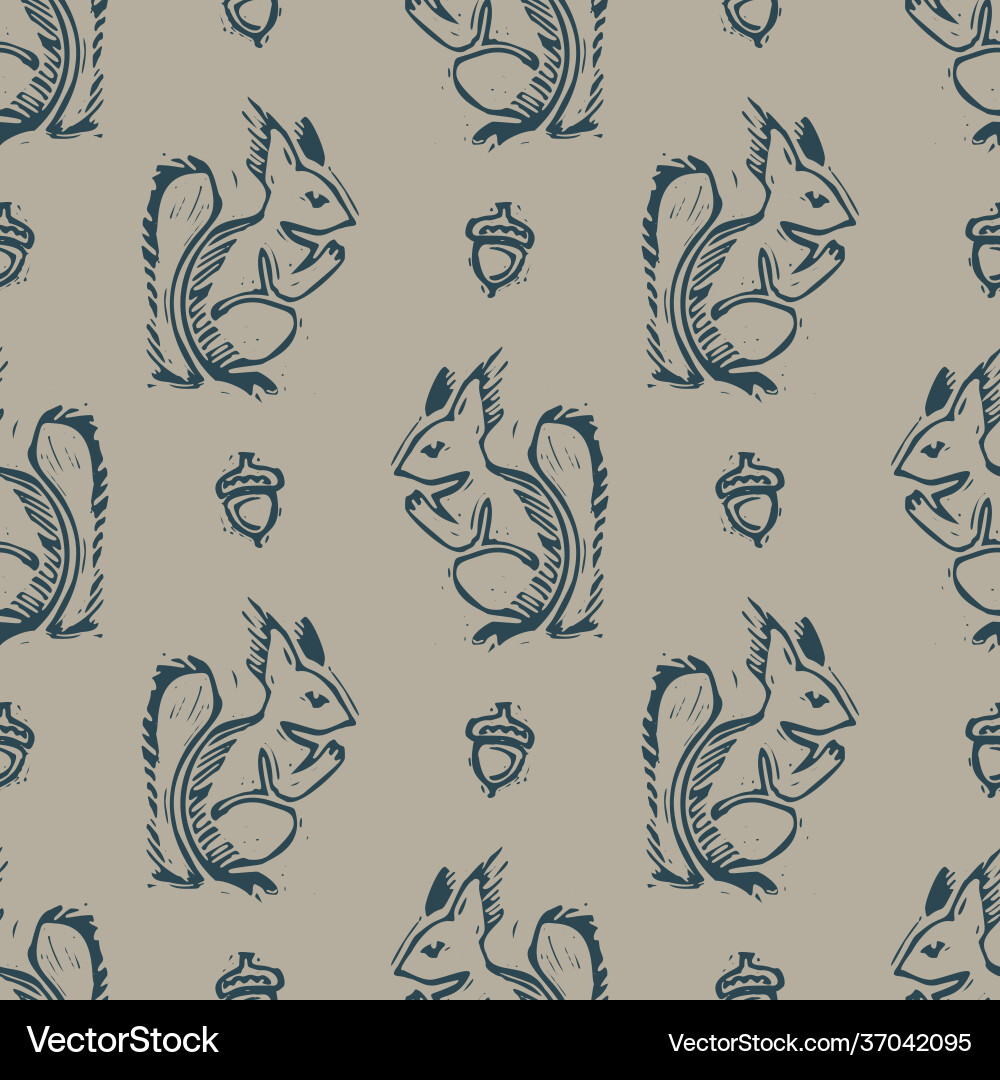 Handmade carved block squirrel print seamless Handmade carved block squirrel print seamless vector image