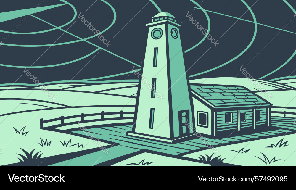Lighthouse and rocket coastal space launch design Vector Image