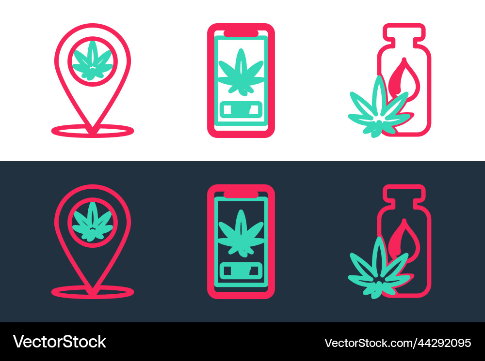 Set line marijuana or cannabis leaf oil location Set line marijuana or cannabis leaf oil location vector image