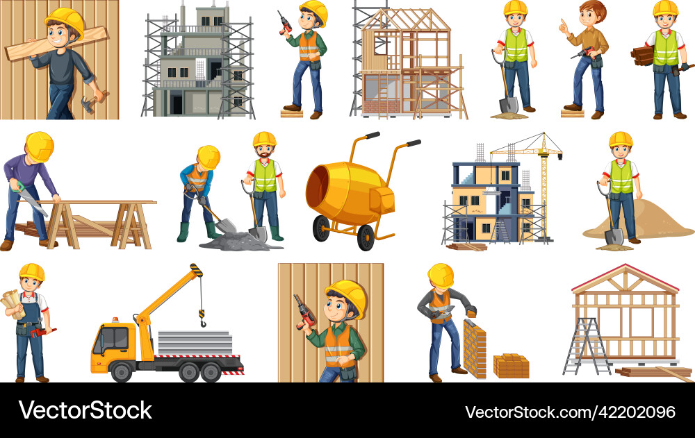 Set of construction site objects and workers vector image