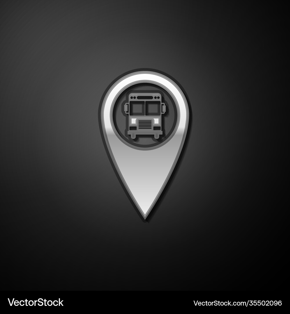 Silver map pointer with bus icon isolated on black Silver map pointer with bus icon isolated on black Vector Image
