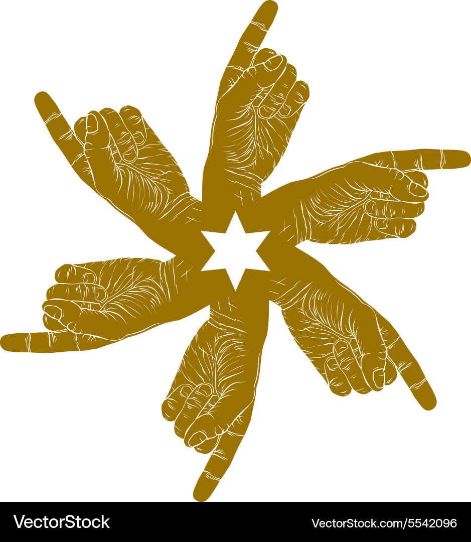 Six pointing hands abstract symbol with hexagonal vector image